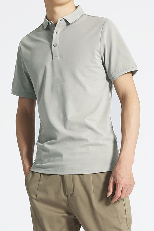 Knit Polo Shirt with Ribbed Hemline - Gray