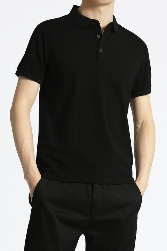 Knitted Polo Shirt with Ribbed Cuffs - Black