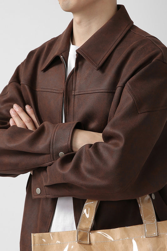 Minimalist Collared Jacket with Side Pockets - Brown