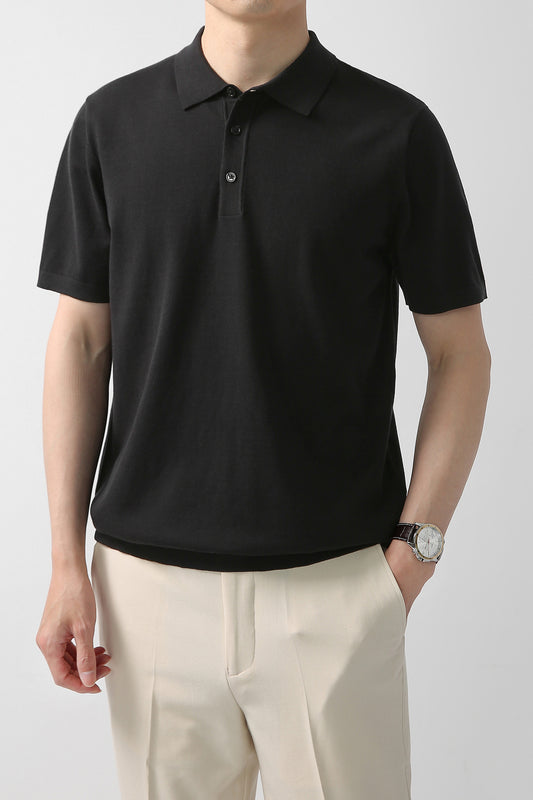 Knit Polo Shirt with Ribbed Hemline - Black