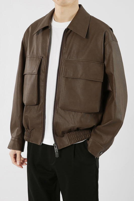 Leather Jacket with Pockets and Embossed Back Detail - Brown