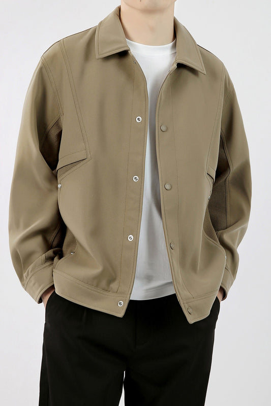 Minimalist Button-Front Jacket with Textured Panel Accents - Brown