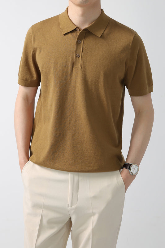 Knit Polo Shirt with Ribbed Hemline - Brown