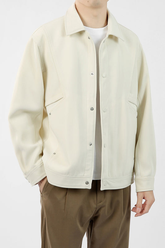 Minimalist Button-Front Jacket with Textured Panel Accents - Beige