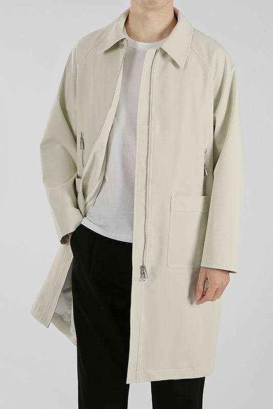 Longline Zip-Up Jacket with Patch Pockets - Beige