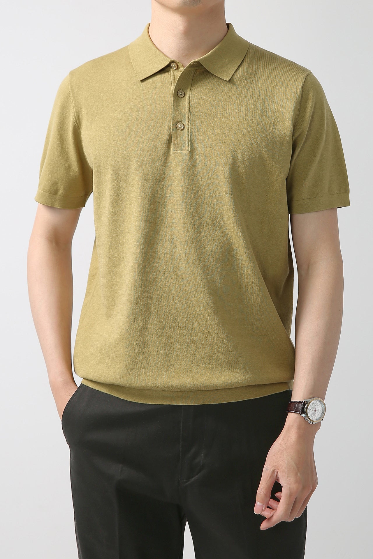 Knit Polo Shirt with Ribbed Hemline - Green