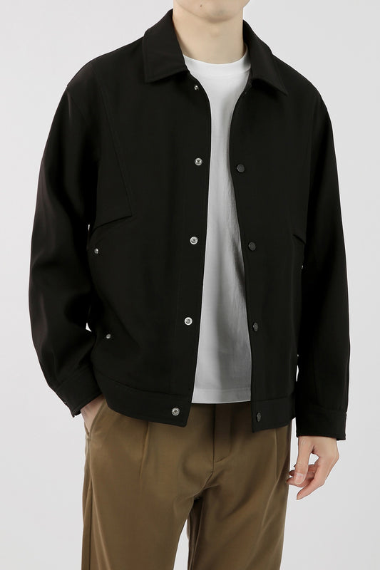 Minimalist Button-Front Jacket with Textured Panel Accents - Black