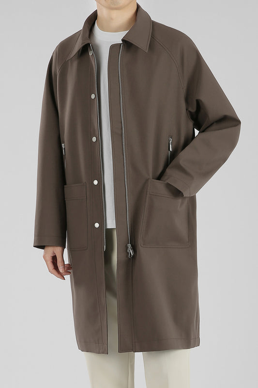 Longline Zip-Up Jacket with Patch Pockets - Brown